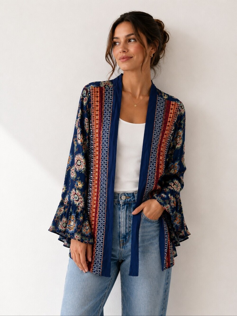 fig and flower Anthropologie NWT Navy Floral Kimono with Red and Yellow Accents